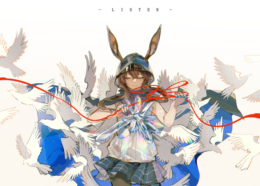 1girl, absurdres, amiya_(arknights), animal_ears, arknights, ascot, bird, black_skirt