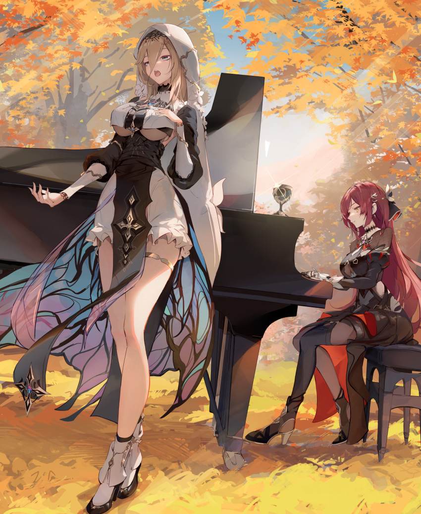 2girls, absurdres, aponia_(honkai_impact), autumn_leaves, bangs, black_dress, blue_eyes, breast_curtains
