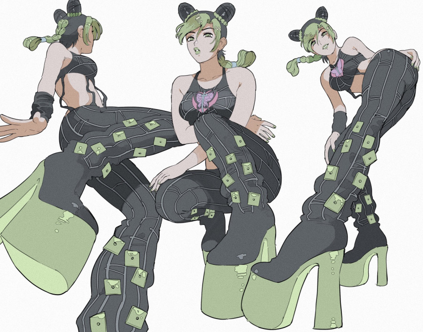 1girl, ass, black_hair, braid, braided_ponytail, double_bun, giganticbuddha, green_eyes