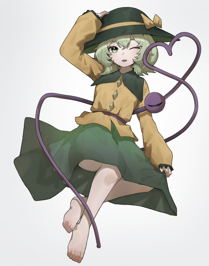 1girl, ;d, absurdres, barefoot, black_headwear, bow, full_body, green_eyes