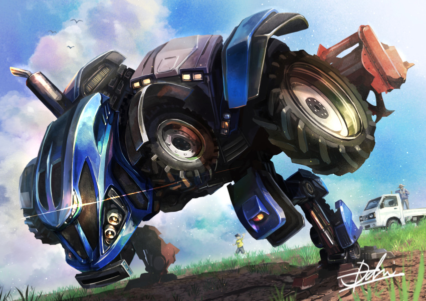 2boys, black_shorts, blue_shirt, clouds, commentary_request, glowing, glowing_eye, grass