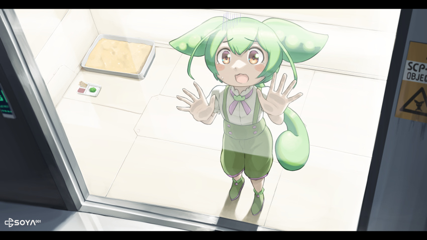 1girl, against_glass, artist_logo, blush_stickers, commentary, food, furrowed_brow, green_footwear, green_hair, green_shorts, hair_flaps, highres, indoors, kasugai_isoya, logo, long_hair, neck_ribbon, pink_ribbon, ponytail, ribbon, scp_foundation, shirt, short_sleeves, shorts, solo, suspender_shorts, suspenders, tears, tray, voiceroid, voicevox, white_shirt, yellow_eyes, zundamon