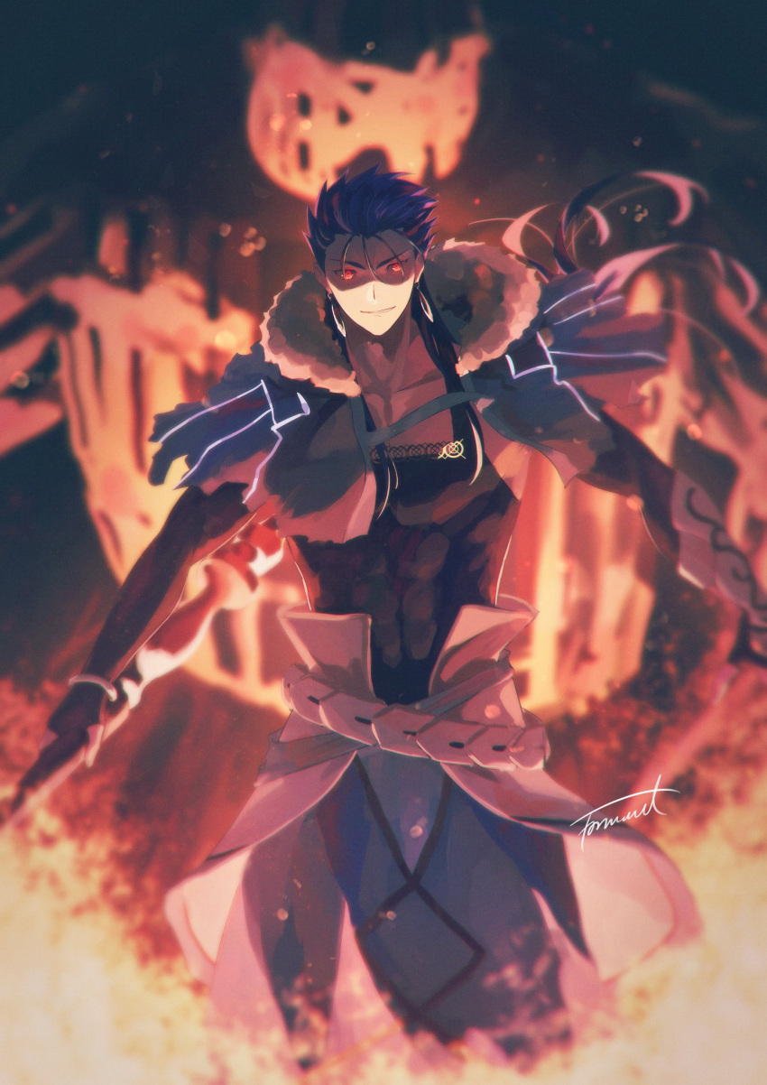 1boy, abs, belt, blue_hair, bracelet, capelet, closed_mouth, cu_chulainn_(caster)_(fate)