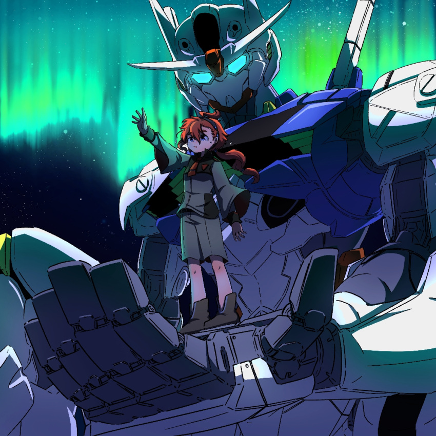 1girl, ahoge, arm_up, aurora, bangs, blue_eyes, commentary, eyebrows_visible_through_hair, full_body, glowing, glowing_eyes, gundam, gundam_aerial, gundam_suisei_no_majo, hairband, long_hair, low_ponytail, mecha, mobile_suit, night, night_sky, protagonist_(gundam_suisei_no_majo), redhead, single_sidelock, sky, standing, star_(sky), starry_sky, tears, teisuu, upper_body, v-fin