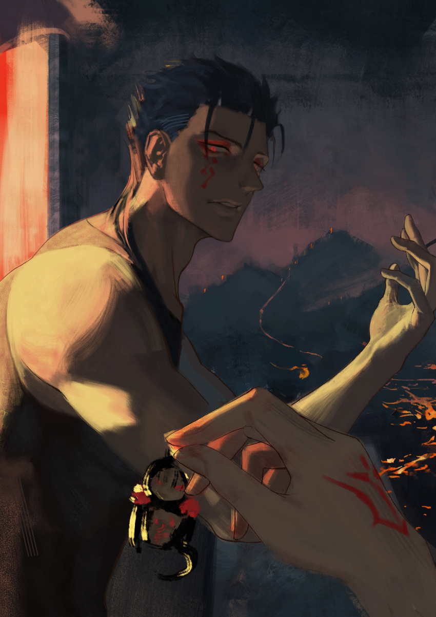 absurdres, biceps, blue_hair, cigarette, command_spell, cu_chulainn_(fate), cu_chulainn_alter_(fate), expressionless