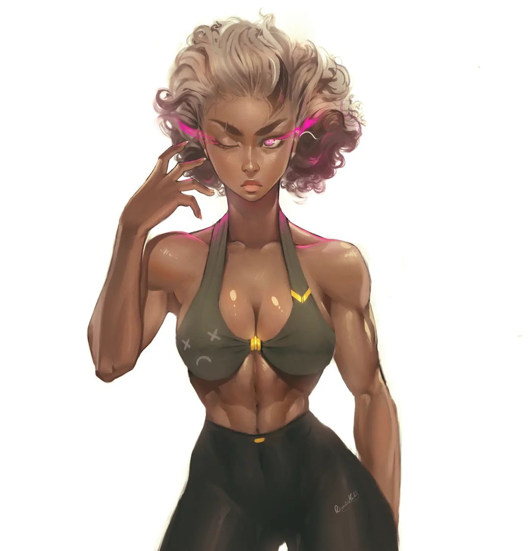1girl, abs, bikini, bikini_top_only, black_pants, breasts, clip_studio_paint_(medium), collarbone