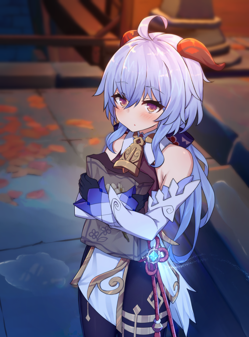 1girl, :o, ahoge, bag, bangs, bare_shoulders, bell, black_gloves