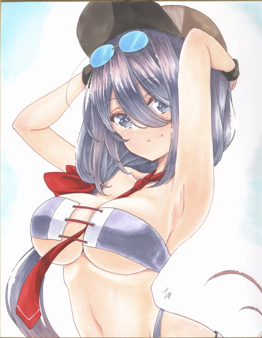 ariake_(kancolle), armpits, arms_up, baseball_cap, bikini, breasts, eyewear_on_head, hat