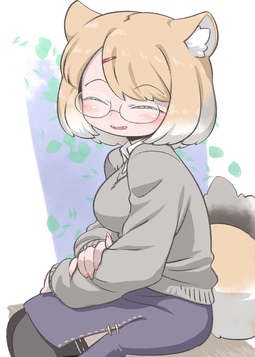 1girl, alternate_costume, alternate_eyewear, animal_ears, black_legwear, blonde_hair, blue_skirt, blush