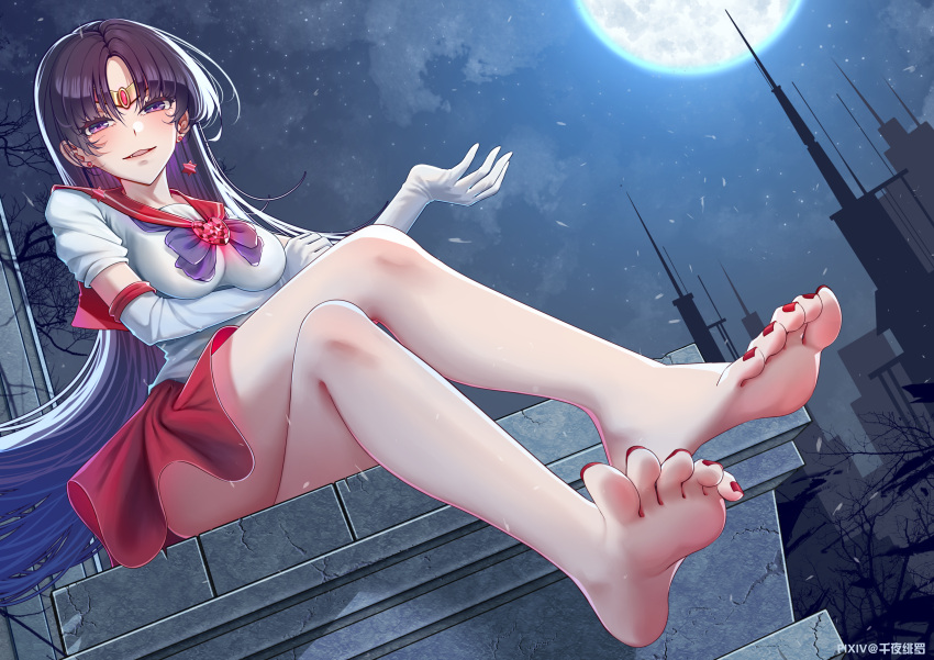 1girl, absurdres, bare_legs, barefoot, bishoujo_senshi_sailor_moon, black_hair, bow, crossed_legs, earrings, elbow_gloves, feet, foot_focus, foreshortening, gloves, highres, hino_rei, impossible_clothes, impossible_shirt, jewelry, long_hair, magical_girl, moon, nail_polish, night, night_sky, open_mouth, red_nails, red_sailor_collar, red_skirt, sailor_collar, sailor_mars, sailor_senshi_uniform, senyahiro, shirt, sitting, skirt, sky, soles, solo, tiara, toenail_polish, toenails, toes, violet_eyes, white_shirt