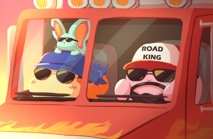 bandana_waddle_dee, baseball_cap, blush_stickers, c:, driving, elfilin, english_text, ground_vehicle, hat, highres, kirby, kirby_(series), kirby_and_the_forgotten_land, motor_vehicle, semi_truck, shibulio, smile, steering_wheel, sunglasses, truck