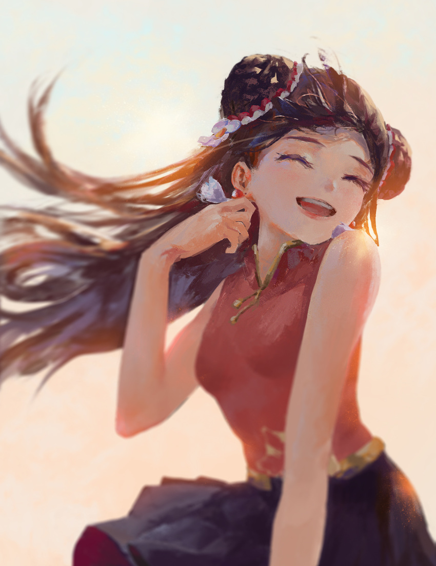 1girl, ^_^, black_skirt, breasts, brown_hair, chinese_clothes, closed_eyes, double_bun