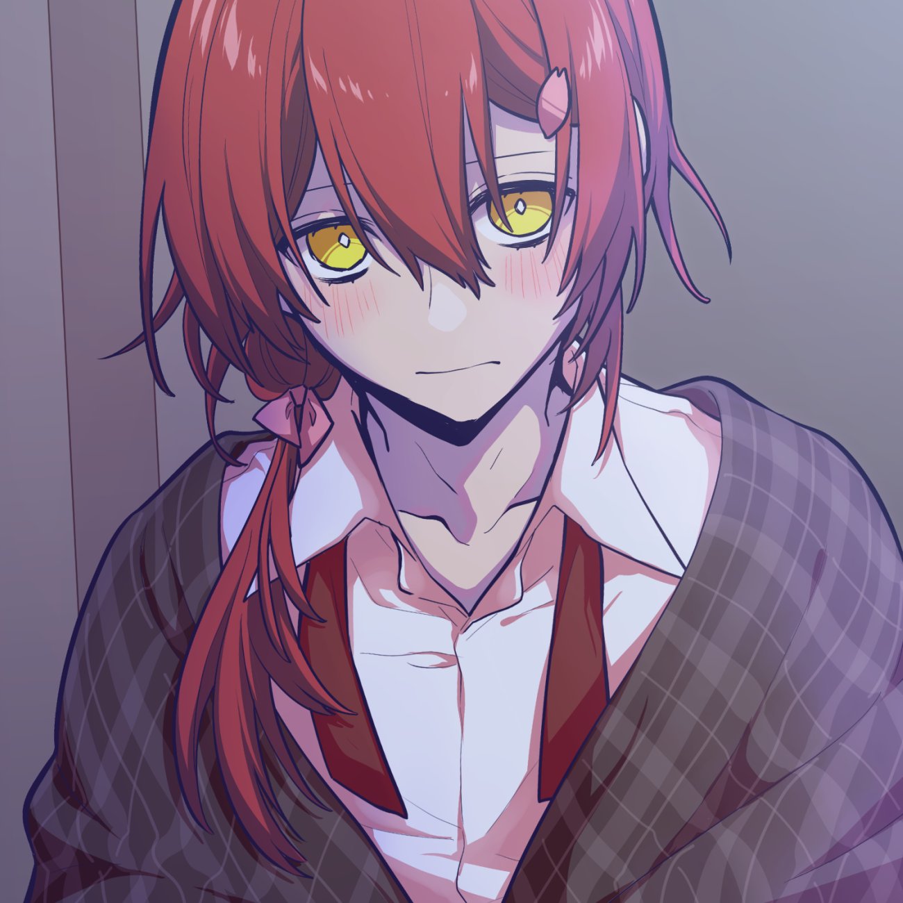 1boy, blush, bright_pupils, closed_mouth, collarbone, collared_shirt, hair_between_eyes, hair_ornament