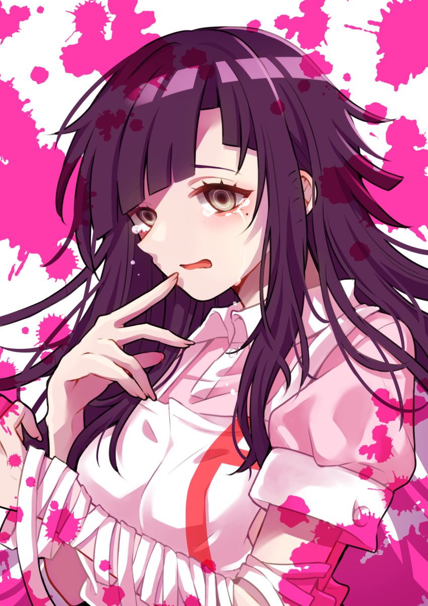 1girl, apron, bandages, bangs, blood, blood_on_clothes, breasts, danganronpa_(series)
