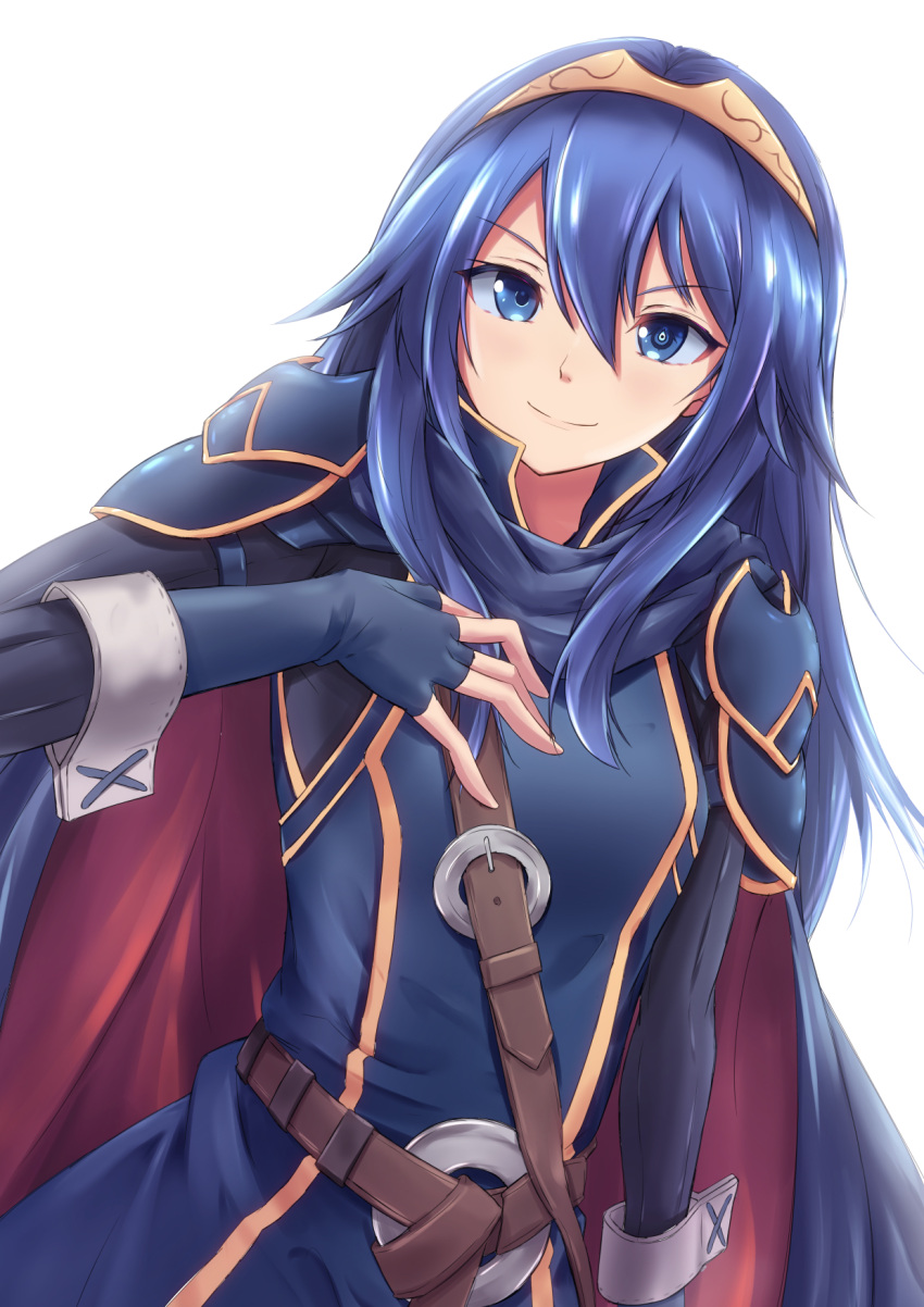 1girl, armor, backlighting, bangs, black_shirt, blue_eyes, blue_gloves, blue_hair