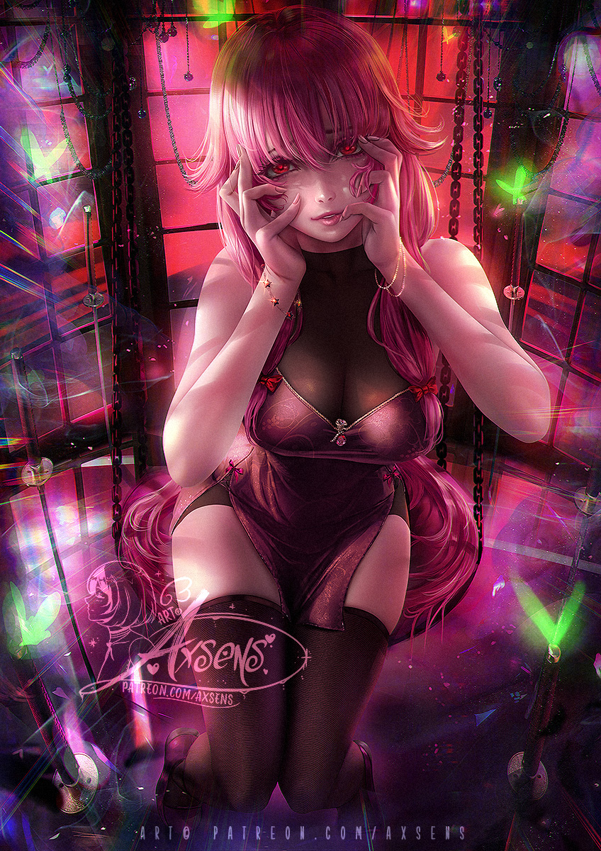 1girl, artist_name, axsen, bangs, banned_artist, bare_arms, black_legwear, bow, breasts, breasts_apart, bug, butterfly, china_dress, chinese_clothes, dress, gasai_yuno, hair_between_eyes, hair_bow, highres, long_hair, looking_at_viewer, medium_breasts, mirai_nikki, parted_lips, pink_dress, pink_hair, pink_lips, red_bow, red_eyes, short_dress, side_slit, sleeveless, sleeveless_dress, solo, standing, thigh-highs, very_long_hair, watermark, yandere, yandere_trance