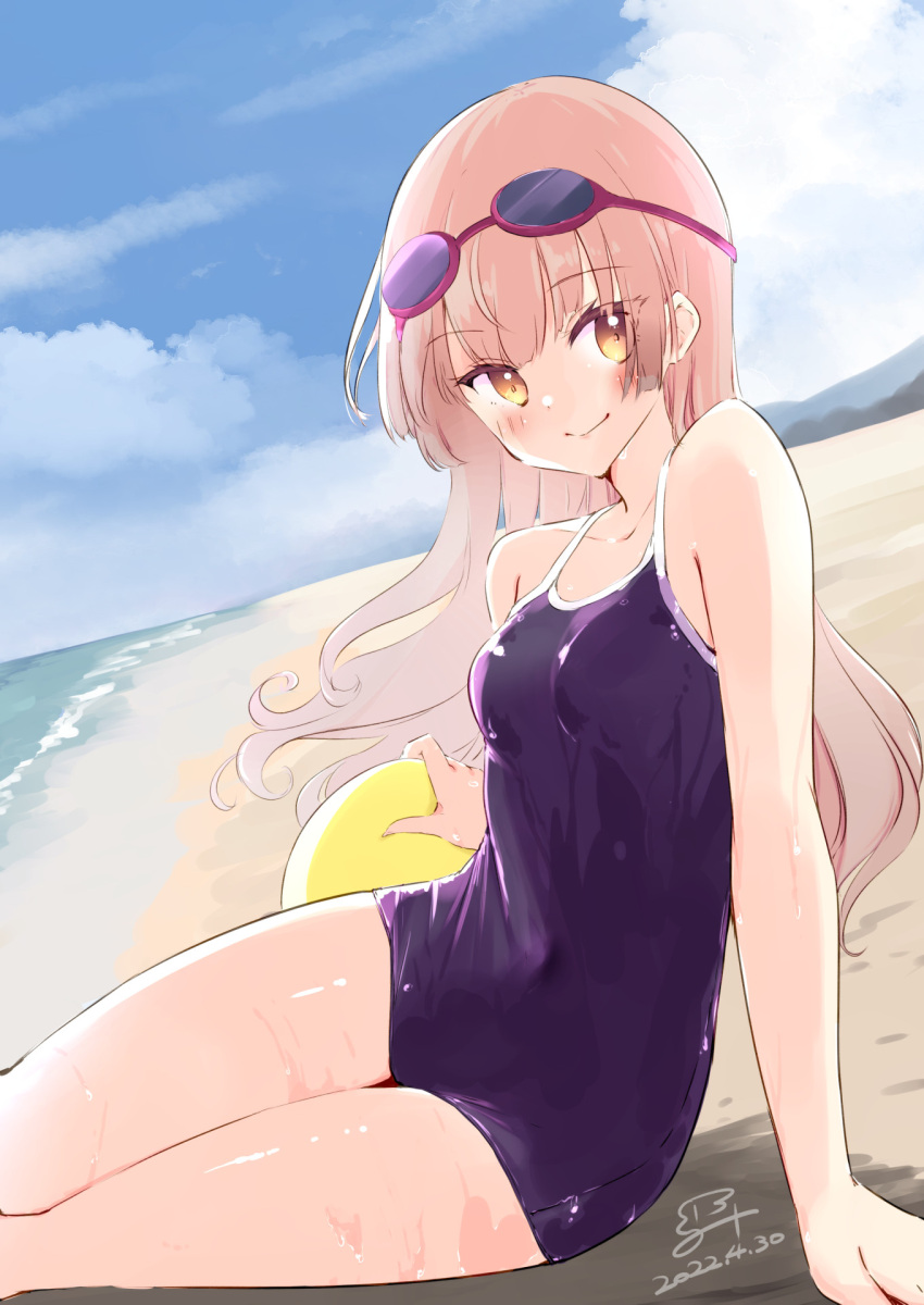 1girl, 2022, atelier_(series), atelier_lydie_&amp;_suelle, bangs, bare_arms, beach, blue_sky