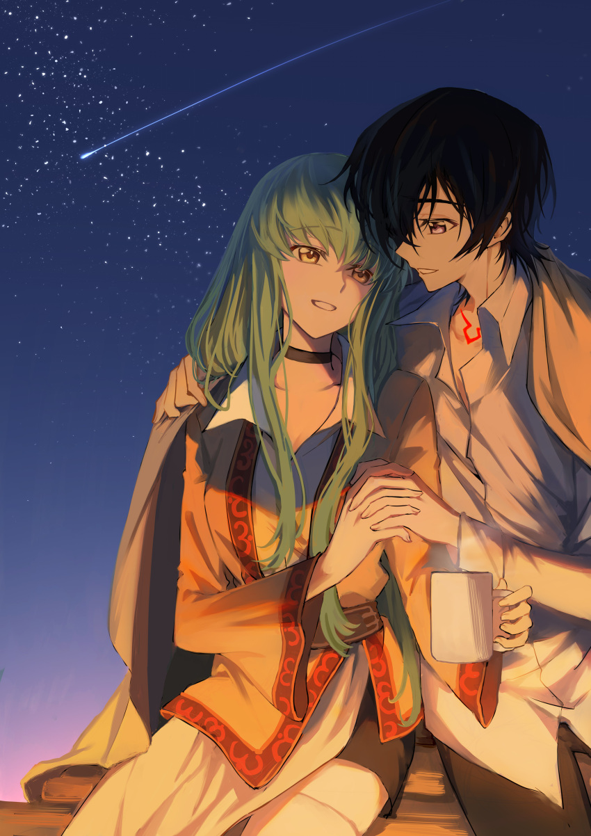 1boy, 1girl, absurdres, black_choker, black_hair, black_pants, black_skirt, c.c., choker, code_geass, collarbone, collared_shirt, couple, cup, dress_shirt, eye_contact, green_hair, grin, hetero, highres, holding, holding_cup, holding_hands, husband_and_wife, interlocked_fingers, lelouch_lamperouge, long_hair, looking_at_another, miniskirt, night, night_sky, okuseric, outdoors, pants, shirt, short_hair, skirt, sky, smile, star_(sky), starry_sky, steam, straight_hair, thigh-highs, white_legwear, white_shirt, wing_collar, yellow_eyes, yellow_shirt
