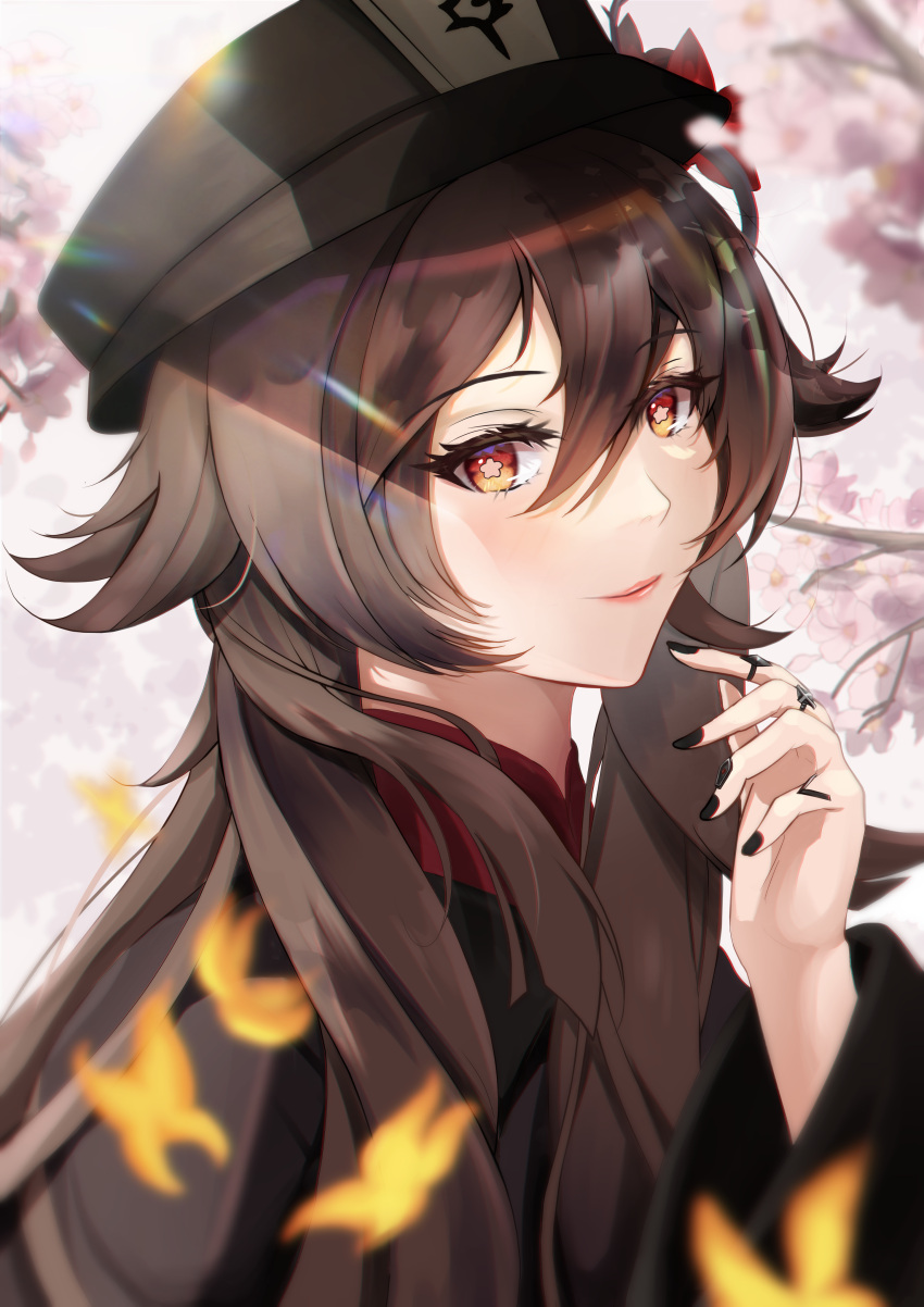 1girl, absurdres, bangs, black_headwear, black_nails, blurry, blurry_background, blurry_foreground