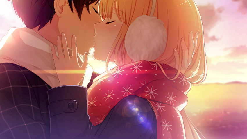 1boy, 1girl, akino_subaru, backlighting, bethly_rose_daisley, black_hair, blonde_hair, blush