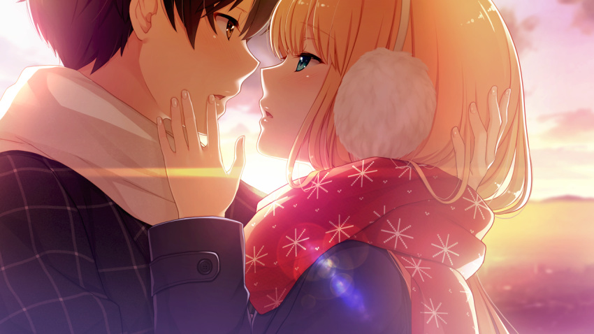 1boy, 1girl, akino_subaru, backlighting, bethly_rose_daisley, black_hair, blonde_hair, blue_eyes
