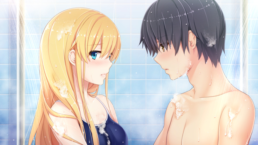 1boy, 1girl, akino_subaru, bangs, bethly_rose_daisley, blonde_hair, blue_eyes, blue_swimsuit