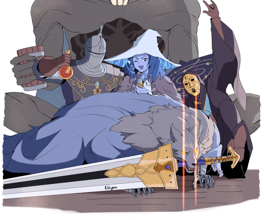 1girl, 1other, 3boys, \n/, armor, artist_name, blaidd_the_half-wolf, blue_eyes
