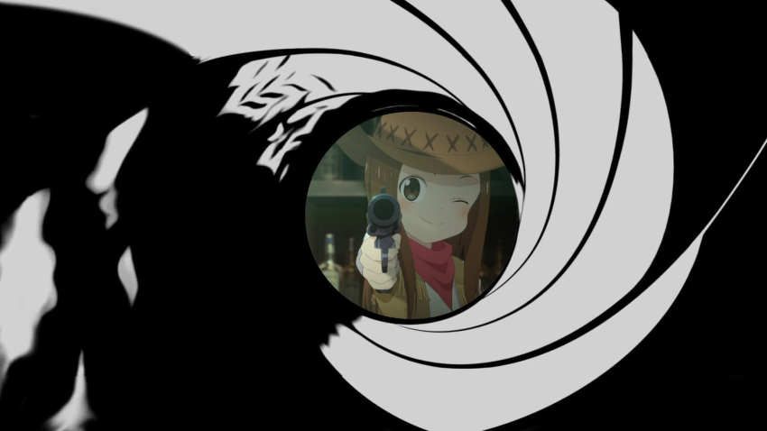 1girl, anime_screencap, cow_girl, cowboy_hat, gun, gun_barrel_sequence, hat, highres