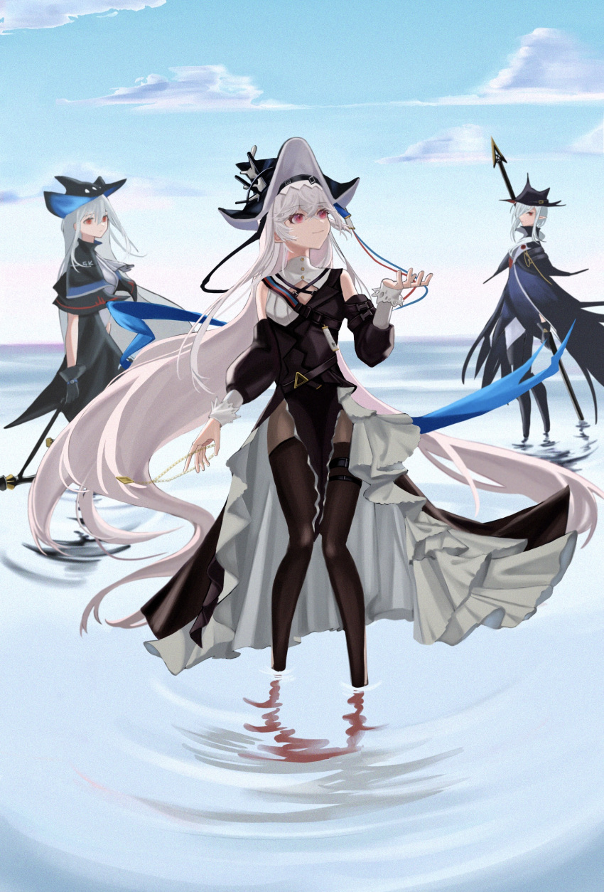 3girls, absurdres, arknights, bare_shoulders, black_dress, black_gloves, black_headwear, black_legwear