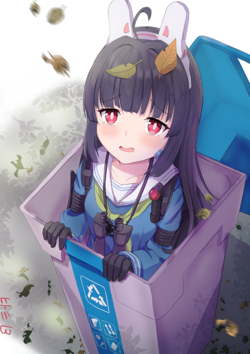 1girl, ahoge, animal_ears, binoculars, black_hair, blue_archive, eyebrows_visible_through_hair, fake_animal_ears, flashlight, green_neckerchief, highres, hitomi13, in_container, leaf, leaf_on_head, long_hair, long_sleeves, miyu_(blue_archive), neckerchief, rabbit_ears, recycle_bin, red_eyes, sailor_collar, simple_background, solo, white_background