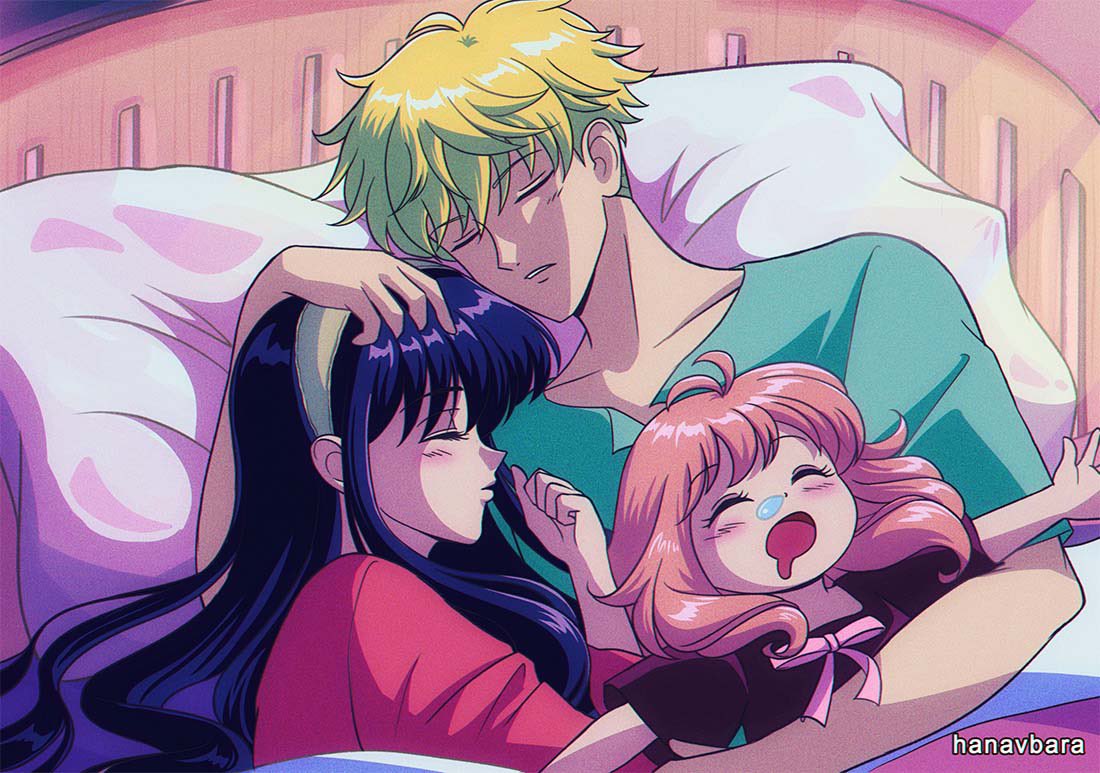 1990s_(style), 1boy, 2girls, anya_(spy_x_family), artist_name, black_hair, blonde_hair, closed_eyes, drooling, hanavbara, multiple_girls, nose_bubble, open_mouth, pillow, pink_hair, retro_artstyle, sleeping, spy_x_family, twilight_(spy_x_family), under_covers, yor_briar
