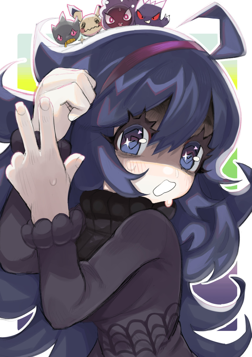 1girl, @_@, absurdres, ahoge, banette, bangs, black_sweater, blue_eyes, blue_hair, blush, border, commentary, dress, english_commentary, flipped_hair, frilled_sleeves, frills, gastly, gengar, grace_hosanna_marquez_carranco, hair_between_eyes, hairband, hands_up, hex_maniac_(pokemon), highres, long_hair, long_sleeves, looking_at_viewer, mimikyu, open_mouth, outline, outside_border, pokemon, pokemon_(creature), pokemon_(game), pokemon_xy, purple_dress, purple_hairband, sidelocks, solo_focus, sparkling_eyes, spider_web_print, sweater, turtleneck, upper_body, v, wavy_hair, wavy_mouth, white_border, white_outline
