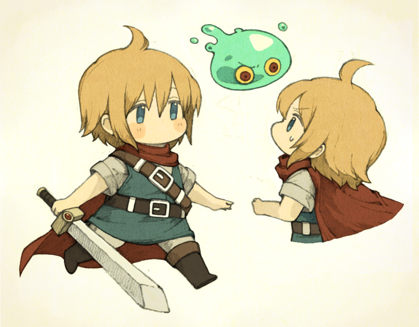 1boy, ahoge, belt, blonde_hair, blue_eyes, blush_stickers, boots, cape, chibi, commentary, fantasy, maniani, no_mouth, original, short_hair, simple_background, slime_(creature), sword, weapon