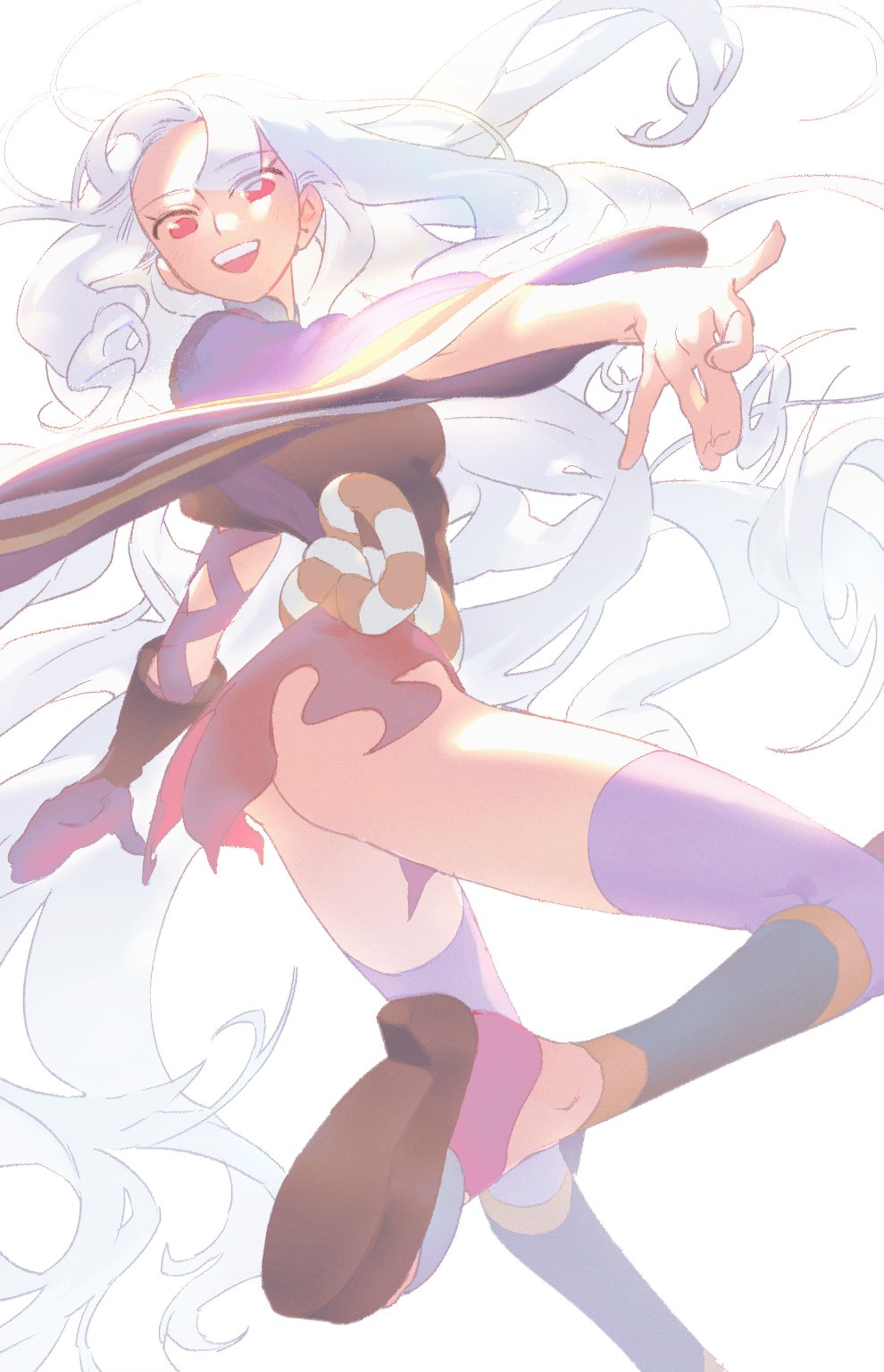 1girl, asymmetrical_clothes, bangs, d4g0n, detached_sleeves, eyebrows_visible_through_hair, eyes_visible_through_hair, floating_hair, gloves, hair_ornament, hairclip, highres, japanese_clothes, katanagatari, long_hair, long_sleeves, looking_at_viewer, open_mouth, purple_gloves, purple_legwear, red_eyes, single_glove, solo, togame, white_background, white_hair, wide_sleeves
