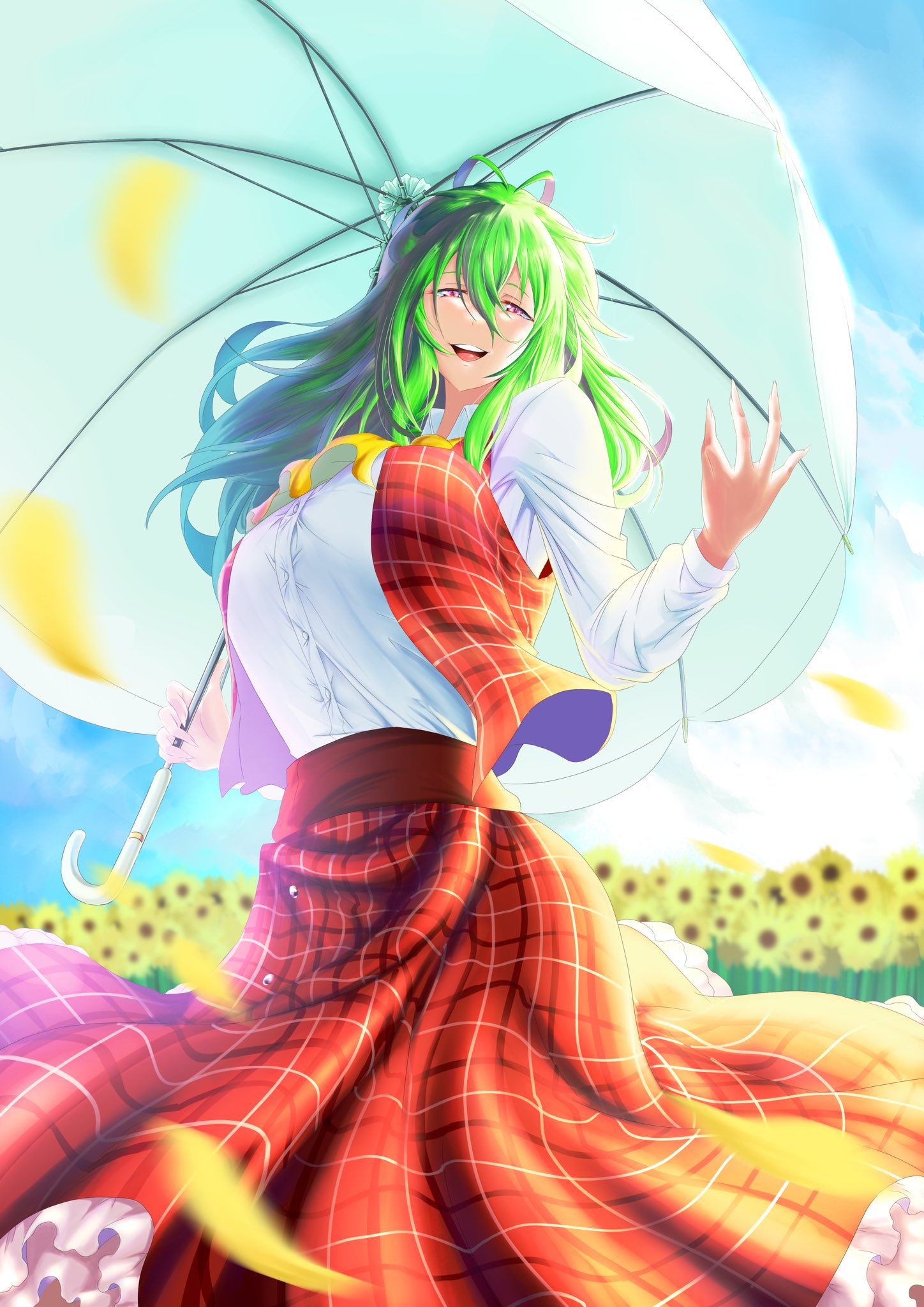 1girl, ascot, backlighting, bangs, blue_sky, breasts, buttons, clouds, collarbone, day, eyebrows_visible_through_hair, field, fingernails, flower, flower_field, frilled_skirt, frills, garden_of_the_sun, green_hair, grin, hair_between_eyes, hand_up, highres, holding, holding_umbrella, kazami_yuuka, large_breasts, long_fingernails, long_hair, looking_at_viewer, open_clothes, open_mouth, open_vest, outdoors, parasol, petals, plaid, plaid_skirt, plaid_vest, shirt, skirt, sky, smile, solo, suigetu26, sunflower, touhou, umbrella, vest, yellow_ascot
