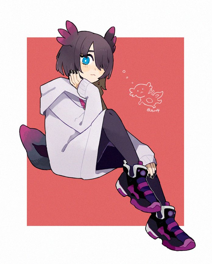 1girl, axolotl, axolotl_girl, black_footwear, black_legwear, blue_eyes, bubble, full_body
