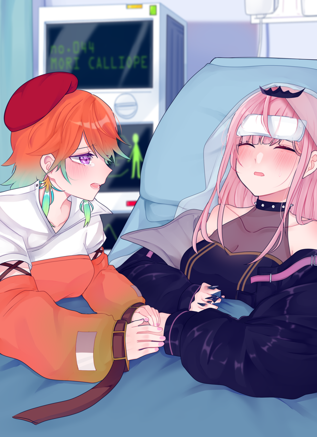 2girls, bed, beret, blanket, collaboration, crying, earrings, feather_earrings