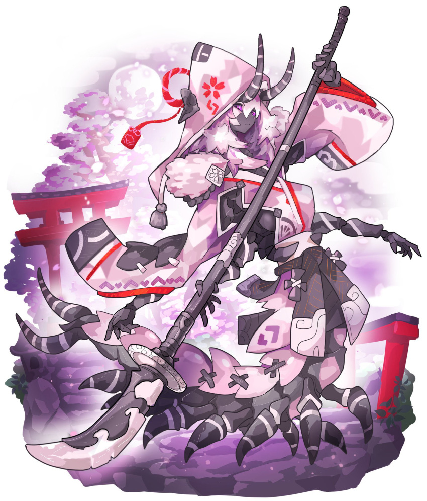 1girl, arthropod_girl, black_skin, carapace, centipede_girl, cherry_blossoms, colored_sclera, colored_skin