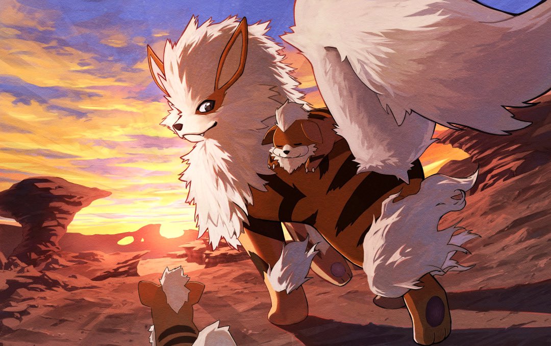 arcanine, black_eyes, closed_mouth, clouds, commentary_request, desert, evolutionary_line, fangs
