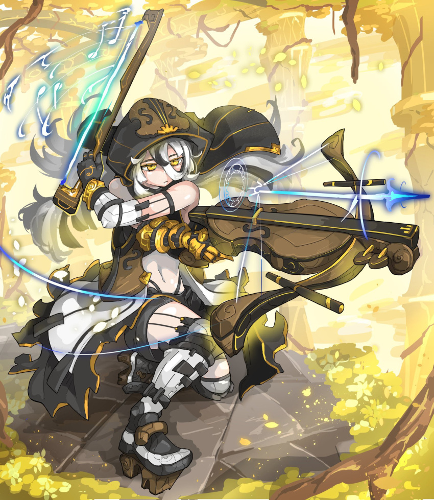 1girl, bare_shoulders, black_hair, bow_(music), commentary_request, crossbow, elbow_gloves, energy_arrow