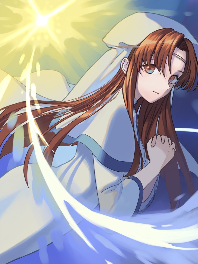 1girl, brown_eyes, brown_hair, circlet, dress, dutch_angle, elen_(fire_emblem), fire_emblem, fire_emblem:_the_binding_blade, habit, interlocked_fingers, long_hair, looking_at_viewer, nun, own_hands_clasped, own_hands_together, praying, robe, solo, sunlight, veil, white_dress, youheiogm