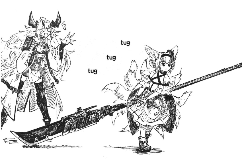 2girls, animal_ears, ankle_boots, arknights, bare_shoulders, boots, braid, demon_horns