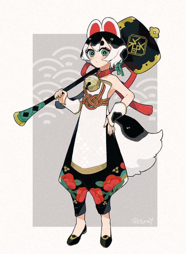 1girl, :/, animal_ears, baggy_pants, bell, black_footwear, black_hair, blue_eyes