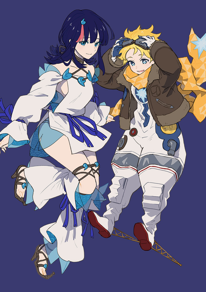 1boy, 1girl, bangs, bare_shoulders, black_hair, blonde_hair, blue_eyes, blue_ribbon