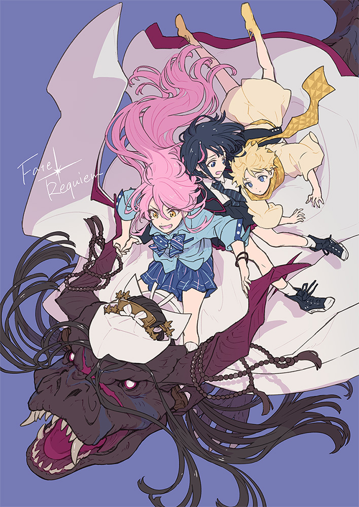 1boy, 3girls, baggy_clothes, bangs, beads, black_hair, blonde_hair, blue_eyes