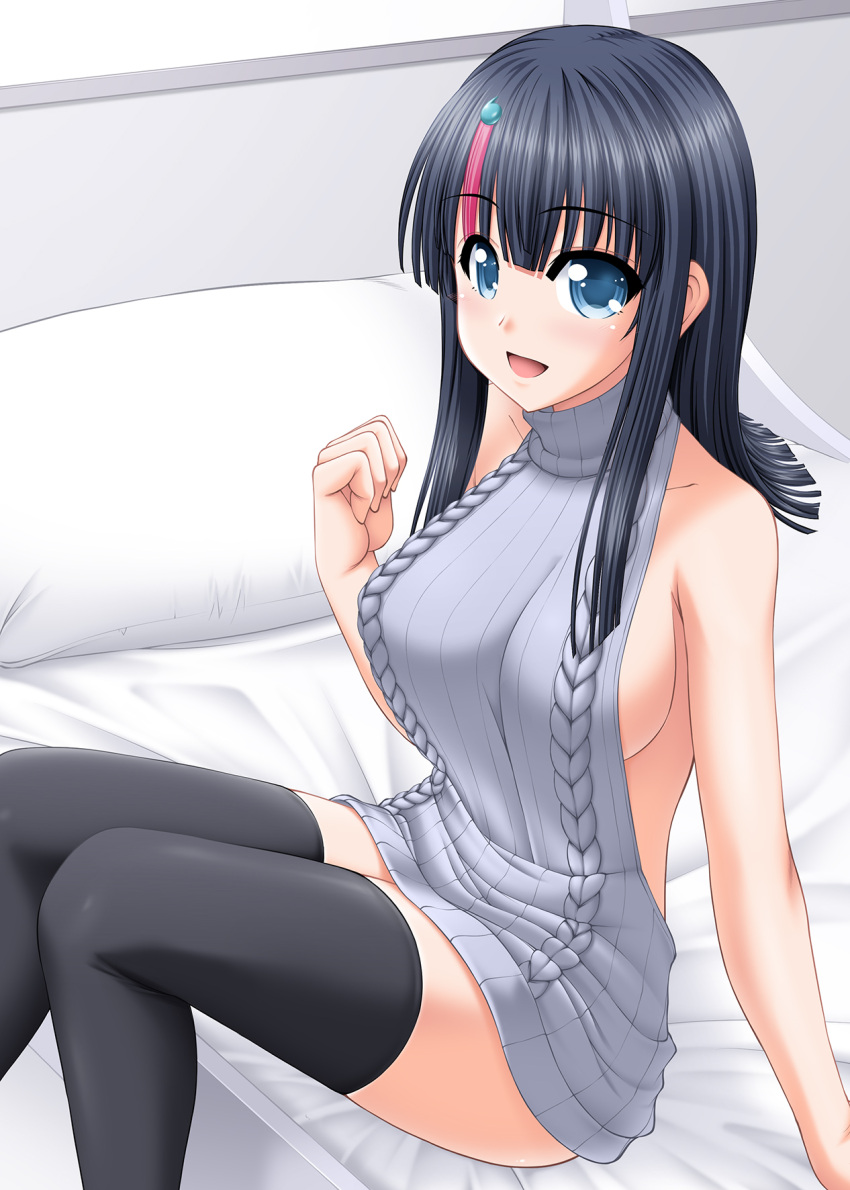 1girl, backless_dress, backless_outfit, bangs, bare_shoulders, bed, black_hair, black_legwear