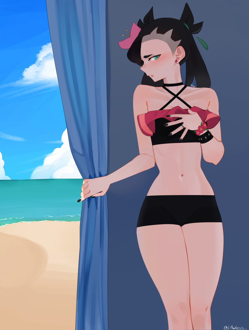 1girl, absurdres, beach, black_hair, blue_eyes, blush, clouds, collarbone