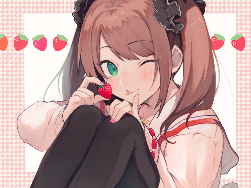 bangs, black_legwear, black_scrunchie, blush, commentary, eyebrows_visible_through_hair, eyelashes, food