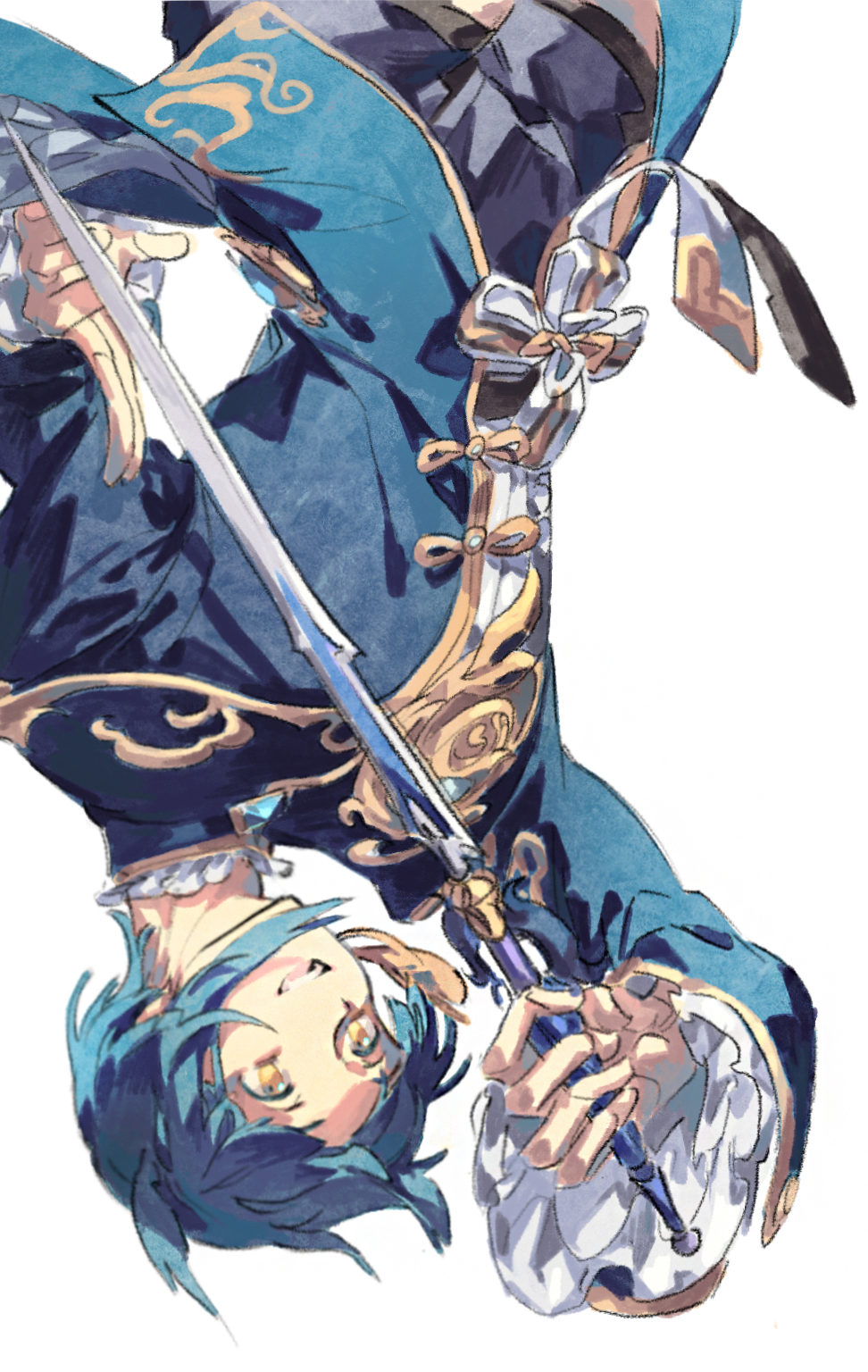 1boy, asymmetrical_bangs, bangs, blue_hair, earrings, frilled_shirt_collar, frilled_sleeves, frills