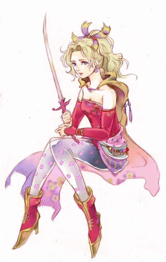 1girl, breasts, cape, detached_sleeves, dress, earrings, final_fantasy, final_fantasy_vi